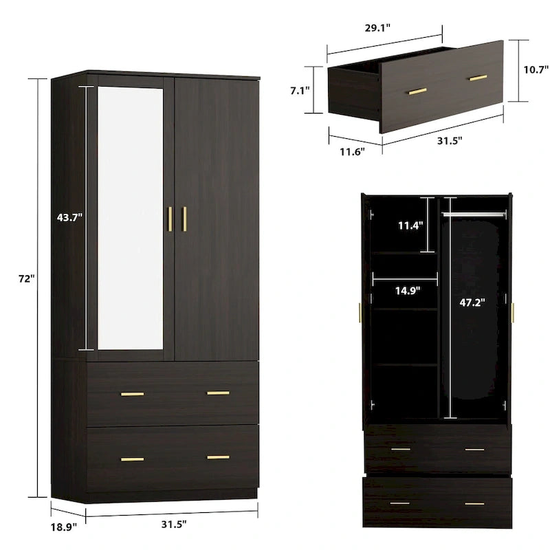 31.5W x 72H Two Door Wardrobe With Mirror White/Dark Brown Armoires - 31.5W x 72H