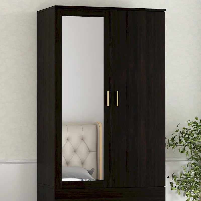 31.5W x 72H Two Door Wardrobe With Mirror White/Dark Brown Armoires - 31.5W x 72H