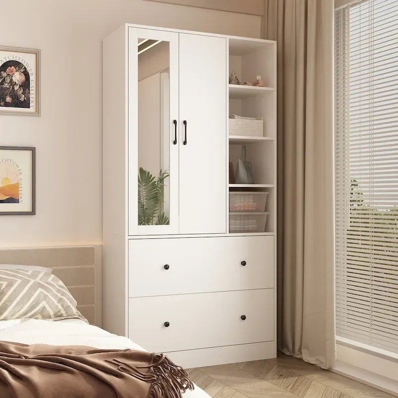 Wardrobe Closet Armoire wi/Mirror & Scalable Hanging Rod Space Saving