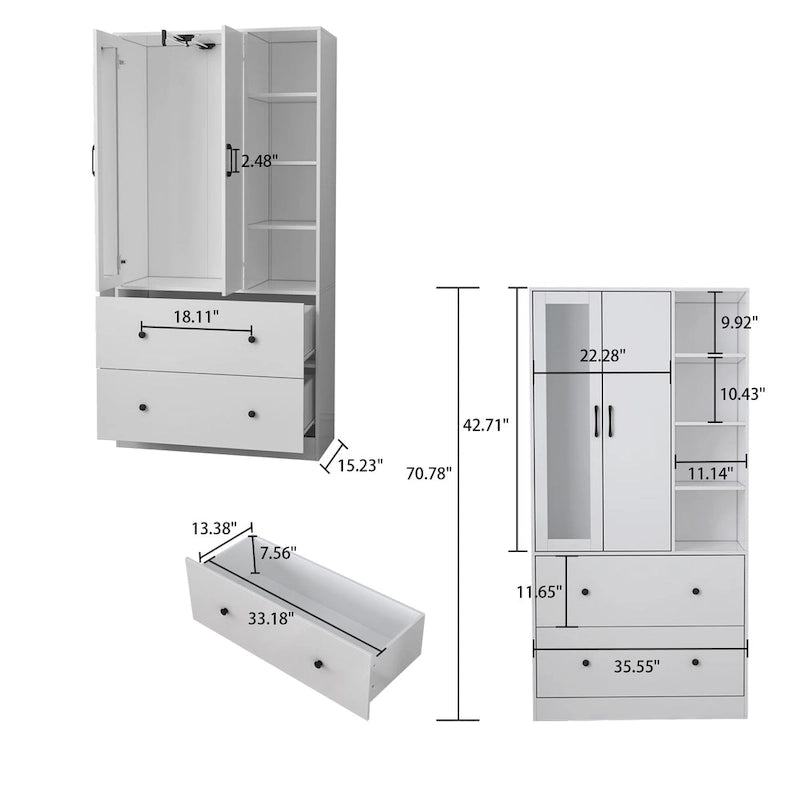 Wardrobe Closet Armoire wi/Mirror & Scalable Hanging Rod Space Saving