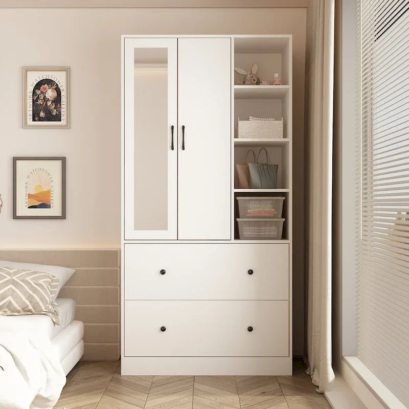 Wardrobe Closet Armoire wi/Mirror & Scalable Hanging Rod Space Saving