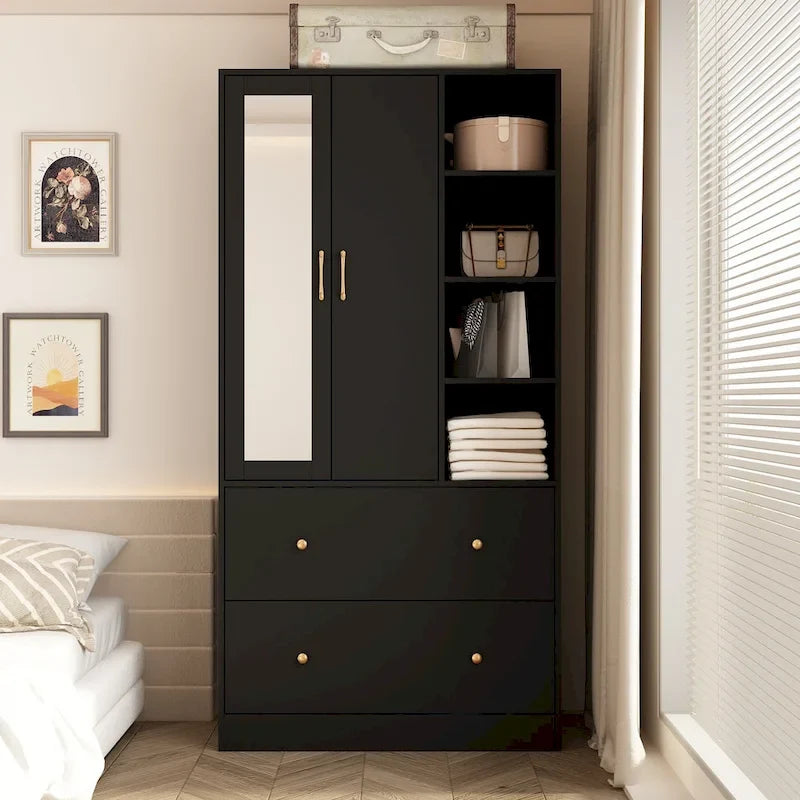 Wardrobe Closet Armoire wi/Mirror & Scalable Hanging Rod Space Saving