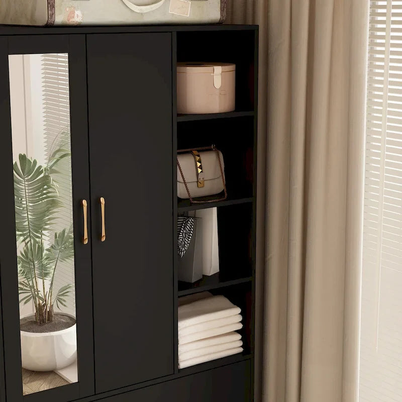 Wardrobe Closet Armoire wi/Mirror & Scalable Hanging Rod Space Saving