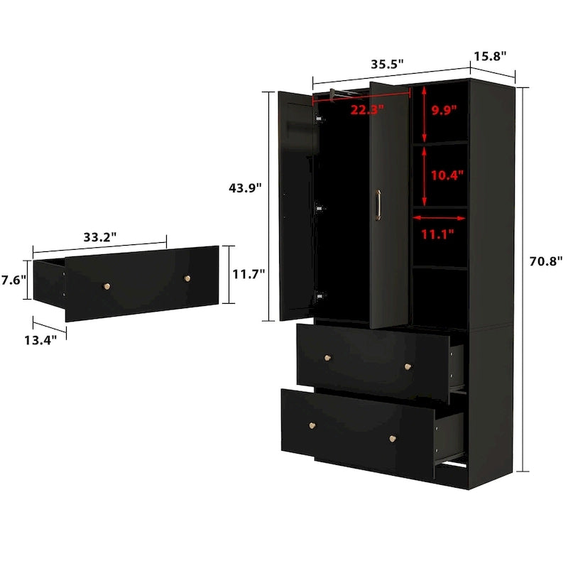 Wardrobe Closet Armoire wi/Mirror & Scalable Hanging Rod Space Saving