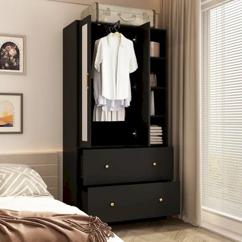 Wardrobe Closet Armoire wi/Mirror & Scalable Hanging Rod Space Saving