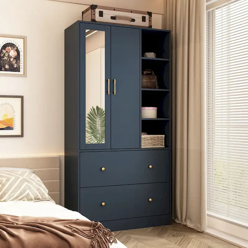 Wardrobe Closet Armoire wi/Mirror & Scalable Hanging Rod Space Saving