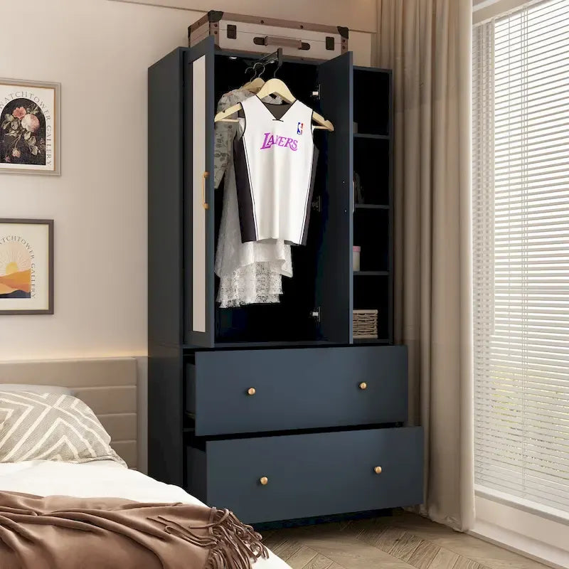 Wardrobe Closet Armoire wi/Mirror & Scalable Hanging Rod Space Saving