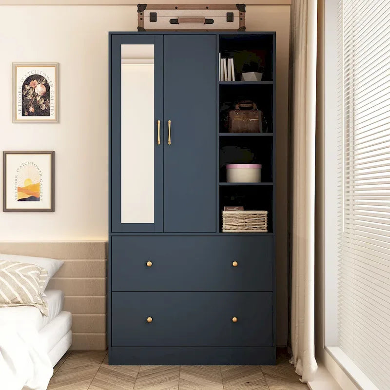 Wardrobe Closet Armoire wi/Mirror & Scalable Hanging Rod Space Saving