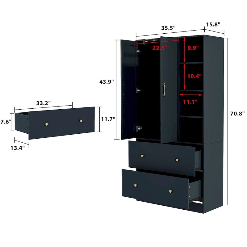 Wardrobe Closet Armoire wi/Mirror & Scalable Hanging Rod Space Saving