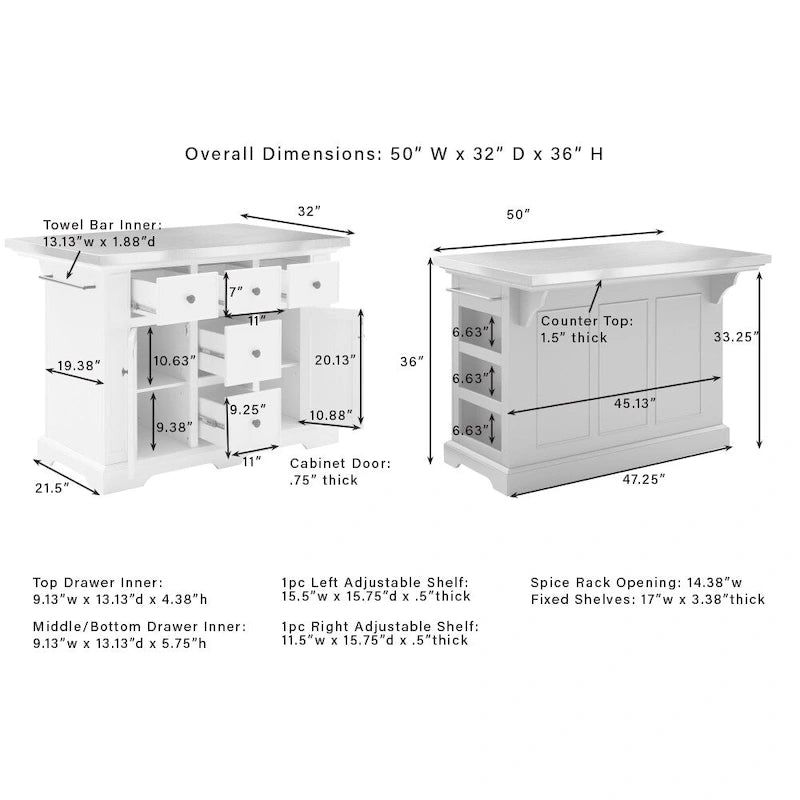 Stainless Steel Top Kitchen Island - 50 W x32 D x 36 H
