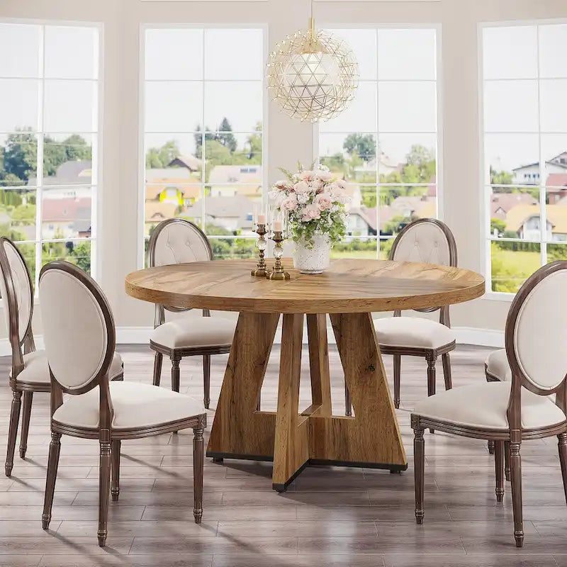 Round Dining Table for 4, 47 Inch Farmhouse Kitchen Table Small Dinner Table Wood Kitchen Table for Dining Room Living Room