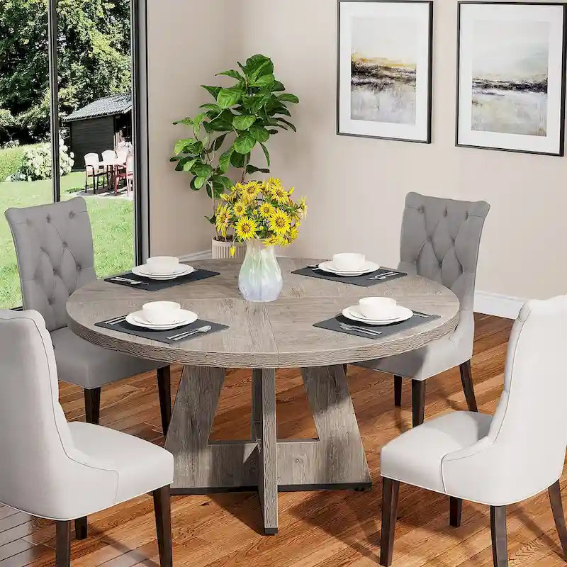 Round Dining Table for 4, 47 Inch Farmhouse Kitchen Table Small Dinner Table Wood Kitchen Table for Dining Room Living Room