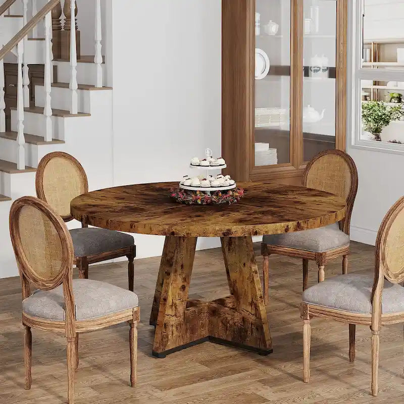 Round Dining Table for 4, 47 Inch Farmhouse Kitchen Table Small Dinner Table Wood Kitchen Table for Dining Room Living Room