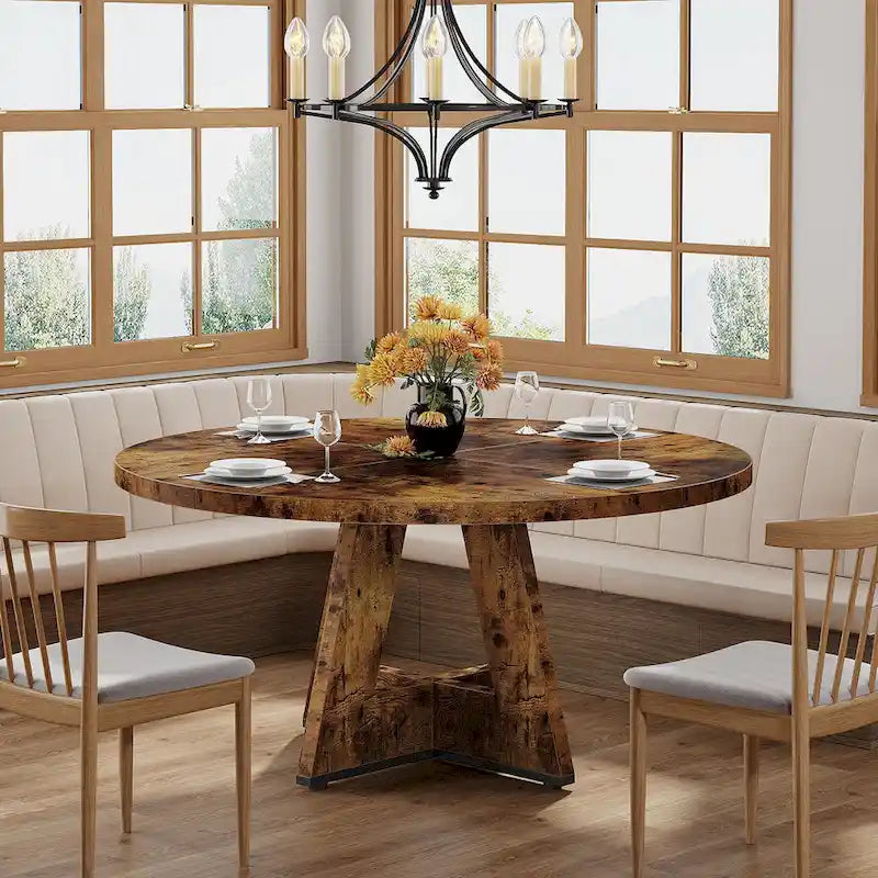 Round Dining Table for 4, 47 Inch Farmhouse Kitchen Table Small Dinner Table Wood Kitchen Table for Dining Room Living Room