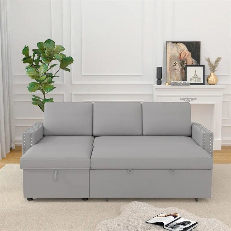 85 3 Seater Sleeper Sofa with Storage Chaise, Pull and Copper Nail