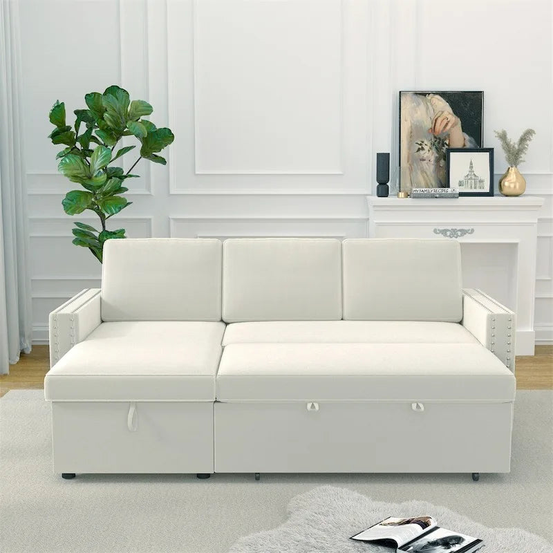 85 3 Seater Sleeper Sofa with Storage Chaise, Pull and Copper Nail