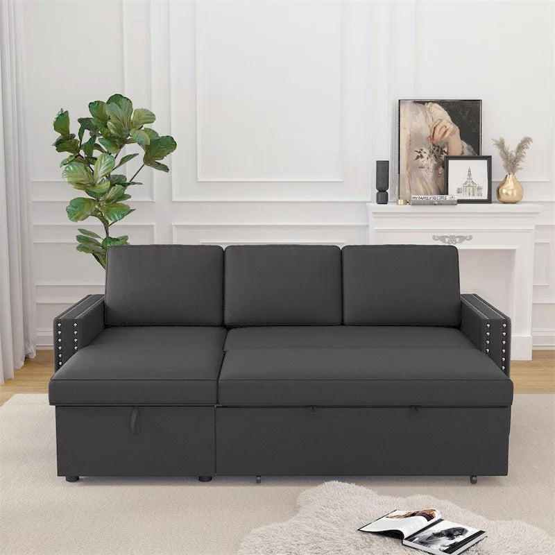 85 3 Seater Sleeper Sofa with Storage Chaise, Pull and Copper Nail