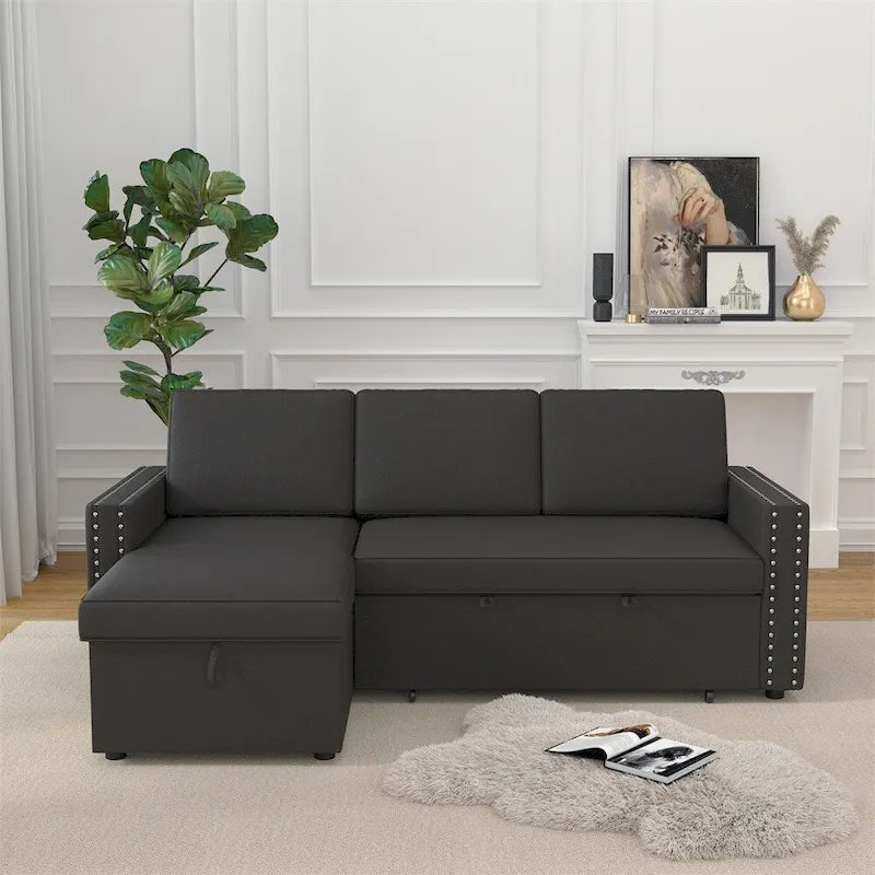 85 3 Seater Sleeper Sofa with Storage Chaise, Pull and Copper Nail
