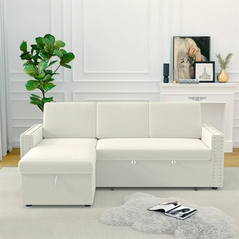 85 3 Seater Sleeper Sofa with Storage Chaise, Pull and Copper Nail