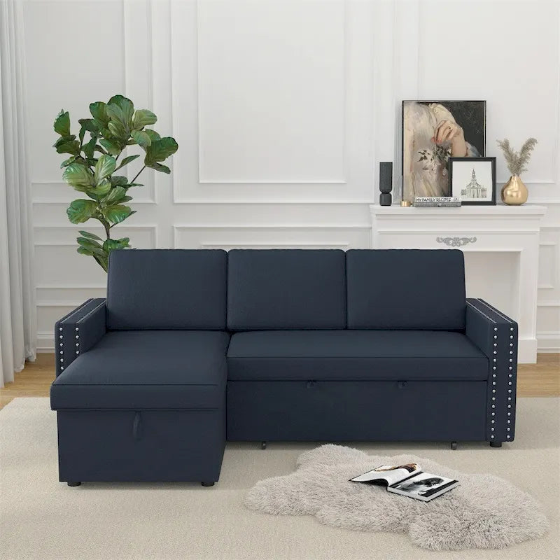 85 3 Seater Sleeper Sofa with Storage Chaise, Pull and Copper Nail