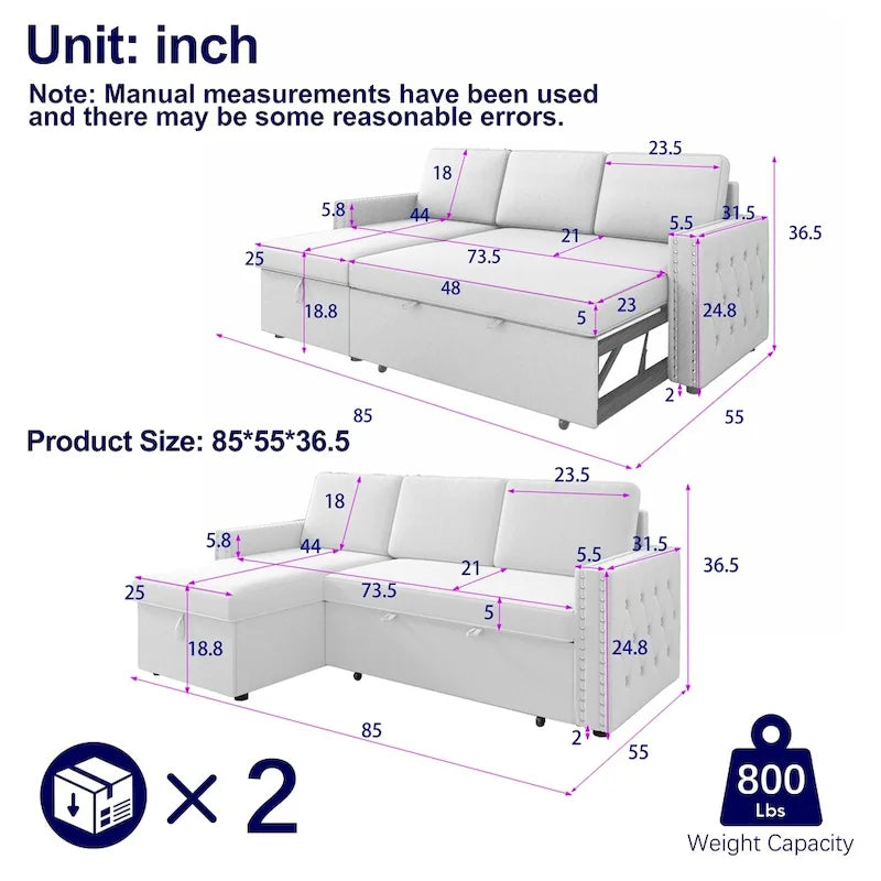 85 3 Seater Sleeper Sofa with Storage Chaise, Pull and Copper Nail