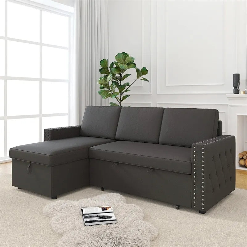 85 3 Seater Sleeper Sofa with Storage Chaise, Pull and Copper Nail