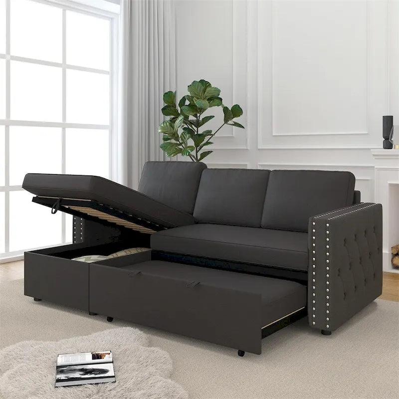 85 3 Seater Sleeper Sofa with Storage Chaise, Pull and Copper Nail