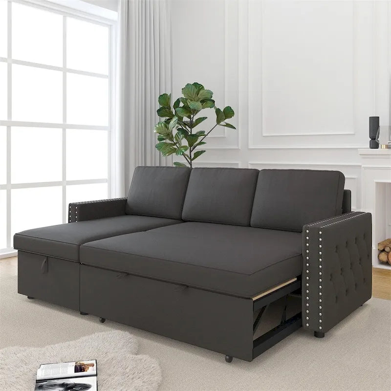 85 3 Seater Sleeper Sofa with Storage Chaise, Pull and Copper Nail