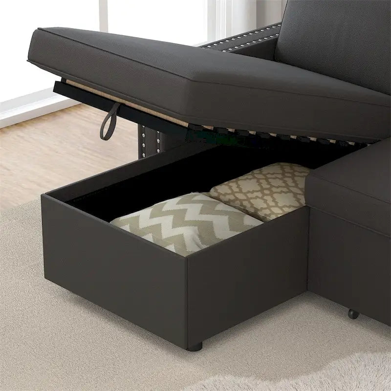 85 3 Seater Sleeper Sofa with Storage Chaise, Pull and Copper Nail