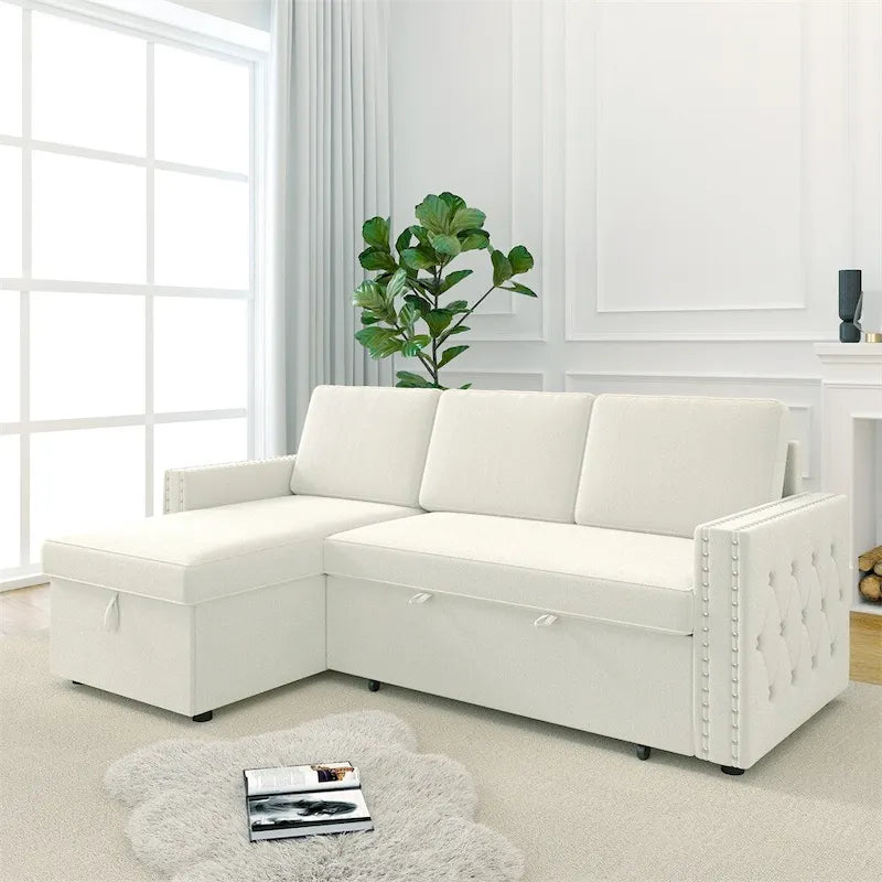 85 3 Seater Sleeper Sofa with Storage Chaise, Pull and Copper Nail