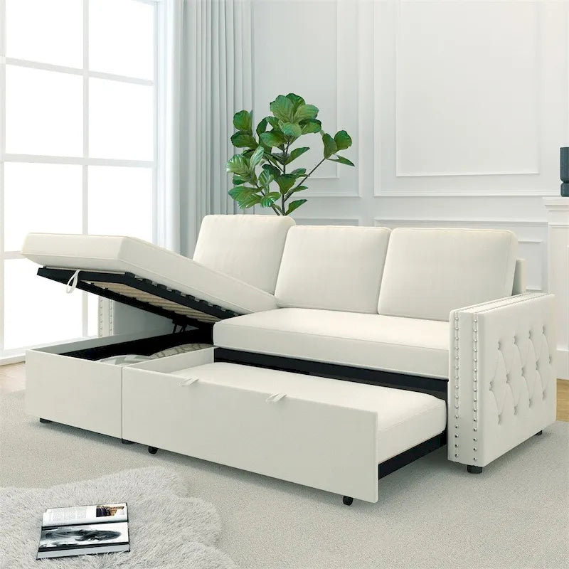 85 3 Seater Sleeper Sofa with Storage Chaise, Pull and Copper Nail