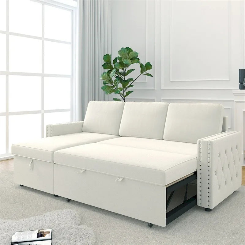 85 3 Seater Sleeper Sofa with Storage Chaise, Pull and Copper Nail