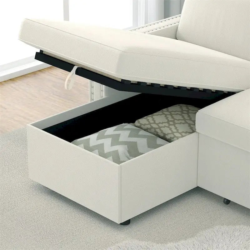 85 3 Seater Sleeper Sofa with Storage Chaise, Pull and Copper Nail