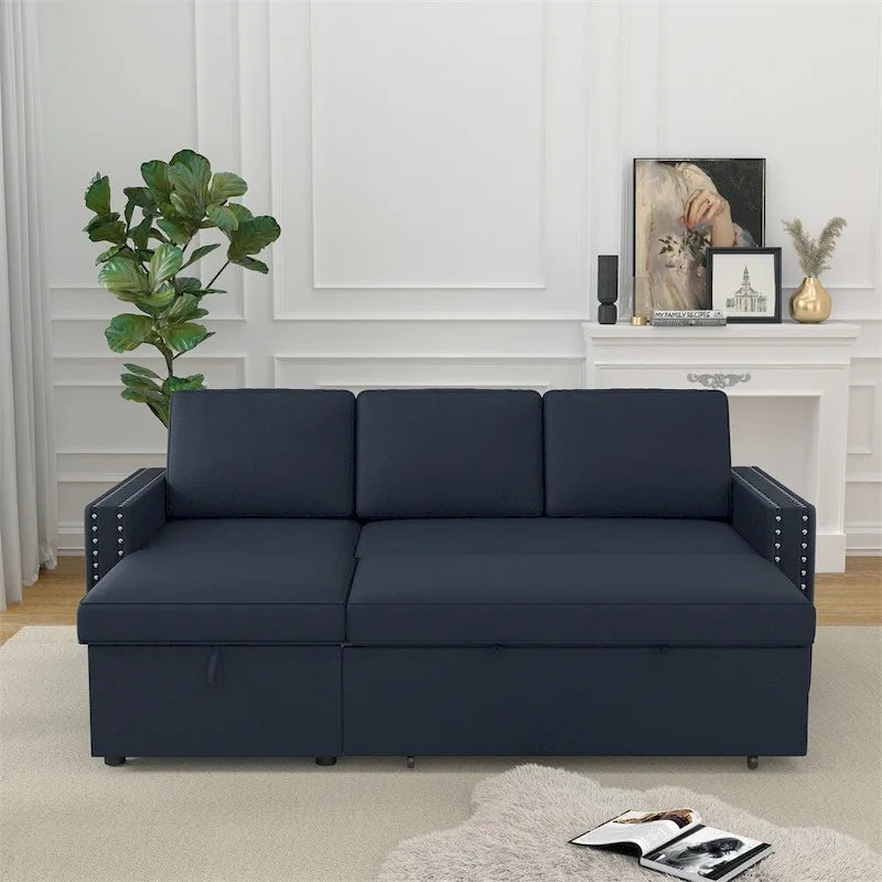85 3 Seater Sleeper Sofa with Storage Chaise, Pull and Copper Nail