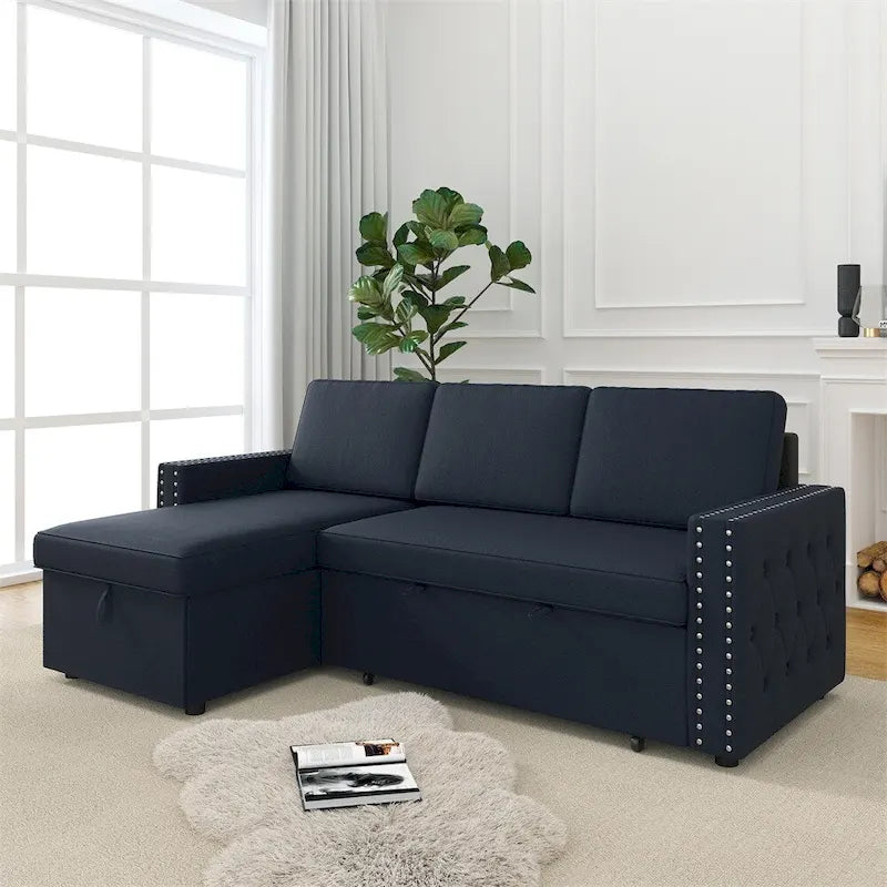 85 3 Seater Sleeper Sofa with Storage Chaise, Pull and Copper Nail