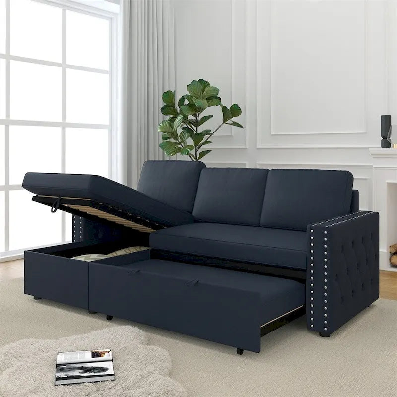 85 3 Seater Sleeper Sofa with Storage Chaise, Pull and Copper Nail