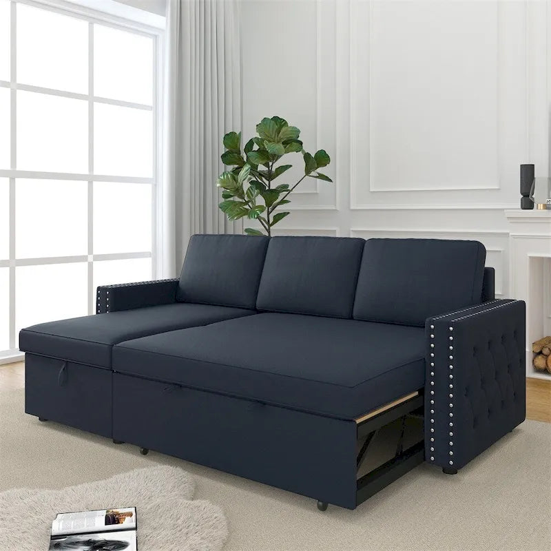 85 3 Seater Sleeper Sofa with Storage Chaise, Pull and Copper Nail