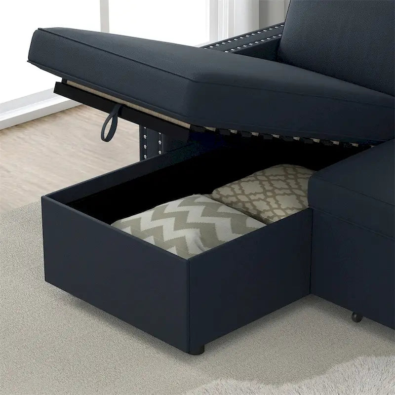 85 3 Seater Sleeper Sofa with Storage Chaise, Pull and Copper Nail
