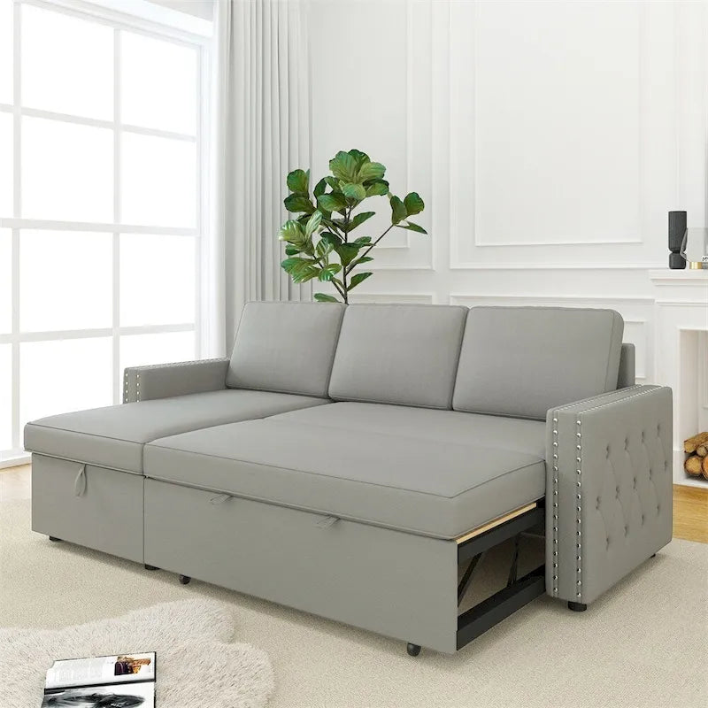 85 3 Seater Sleeper Sofa with Storage Chaise, Pull and Copper Nail