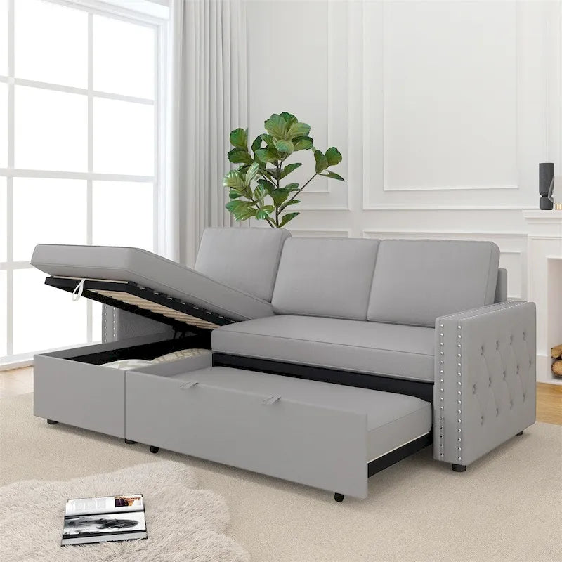 85 3 Seater Sleeper Sofa with Storage Chaise, Pull and Copper Nail