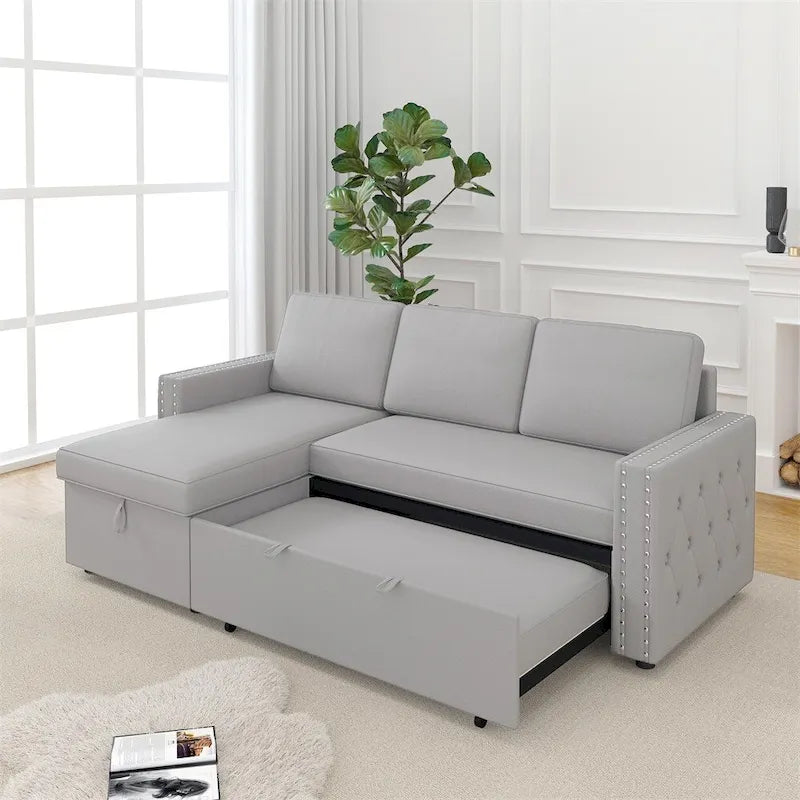 85 3 Seater Sleeper Sofa with Storage Chaise, Pull and Copper Nail