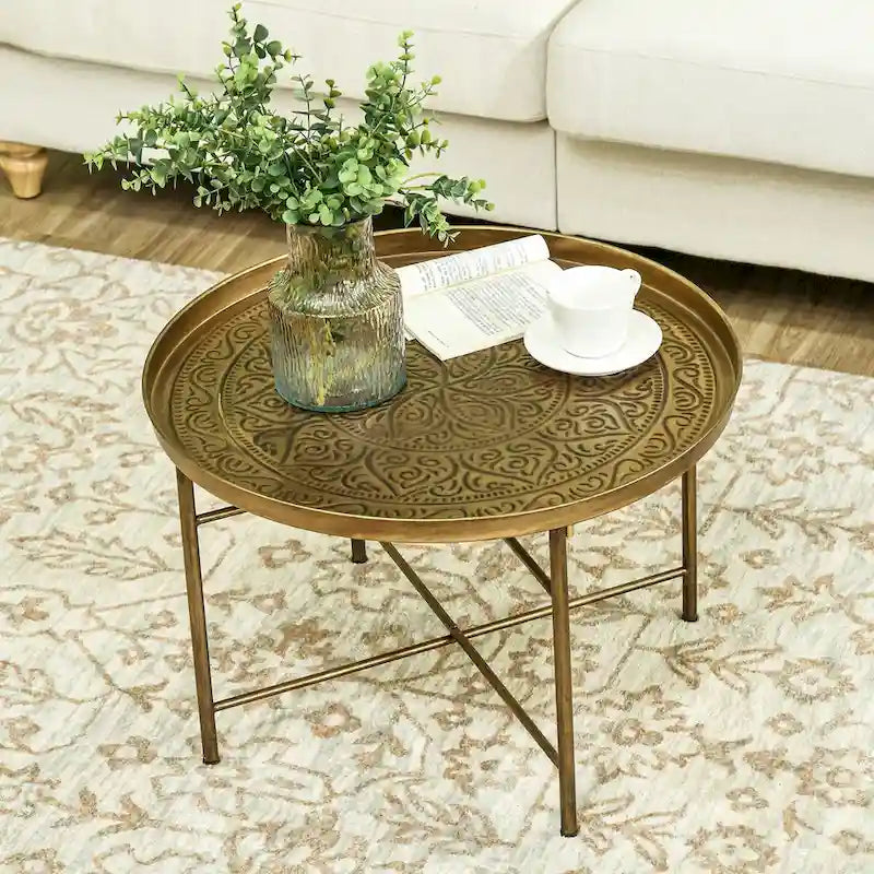 24 Round Coffee Table with Hammered Tray Top, Vintage Metal Center Table for Living Room, Bedroom, Side Table,Gold