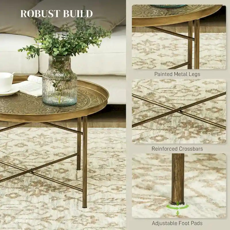 24 Round Coffee Table with Hammered Tray Top, Vintage Metal Center Table for Living Room, Bedroom, Side Table,Gold