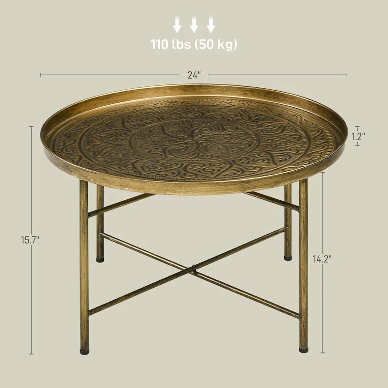 24 Round Coffee Table with Hammered Tray Top, Vintage Metal Center Table for Living Room, Bedroom, Side Table,Gold