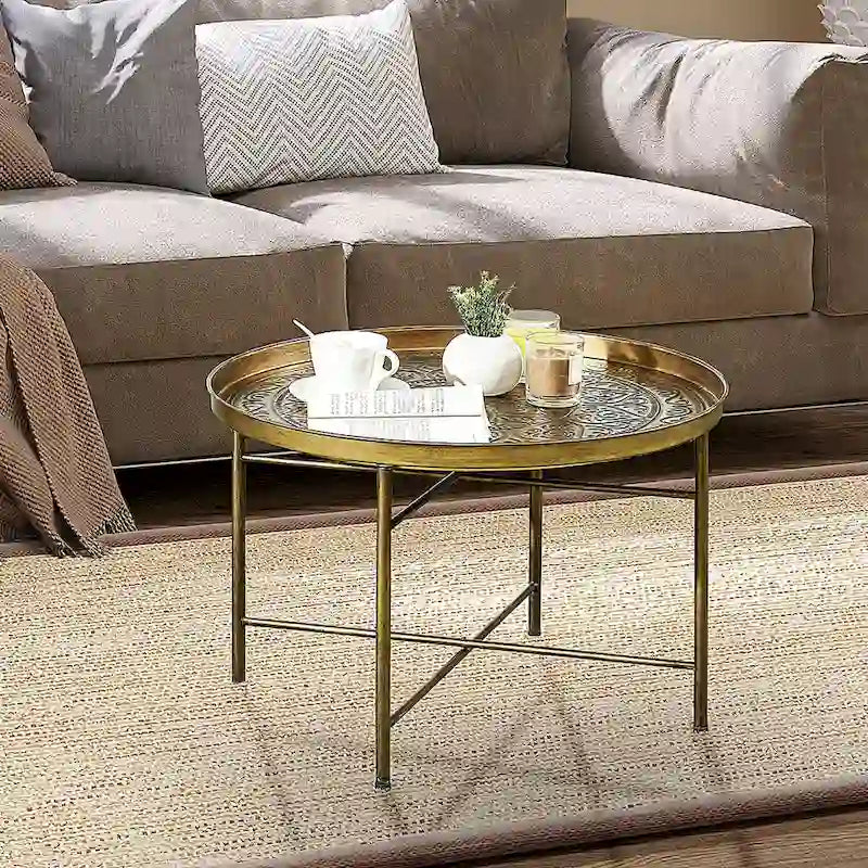 24 Round Coffee Table with Hammered Tray Top, Vintage Metal Center Table for Living Room, Bedroom, Side Table,Gold