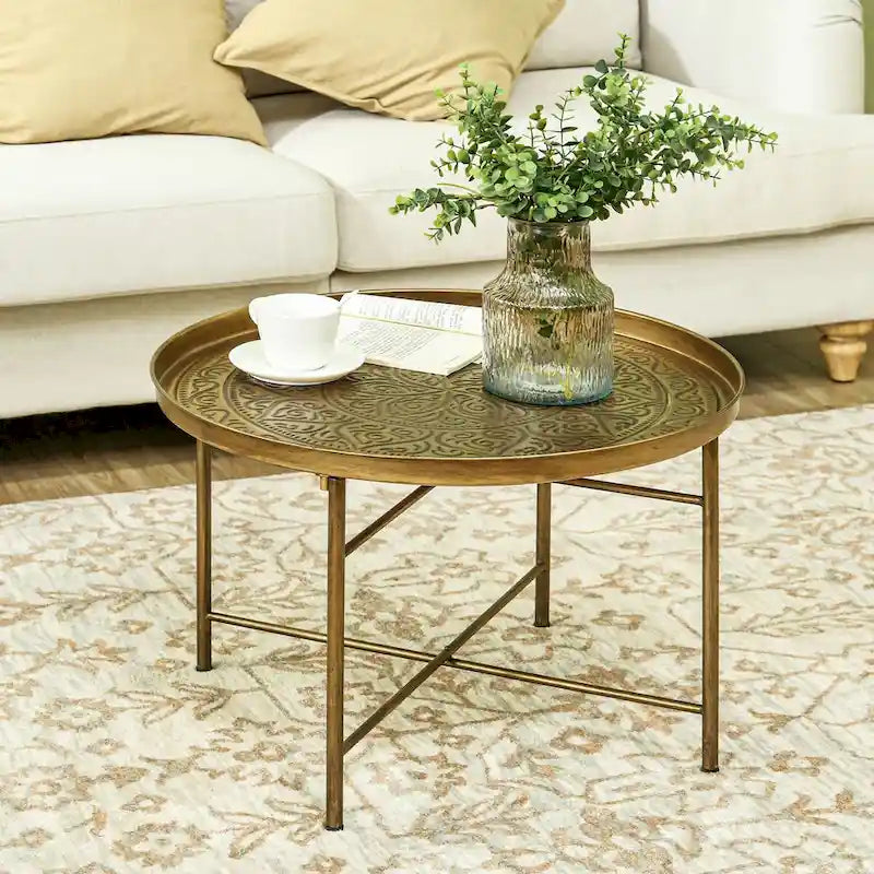 24 Round Coffee Table with Hammered Tray Top, Vintage Metal Center Table for Living Room, Bedroom, Side Table,Gold