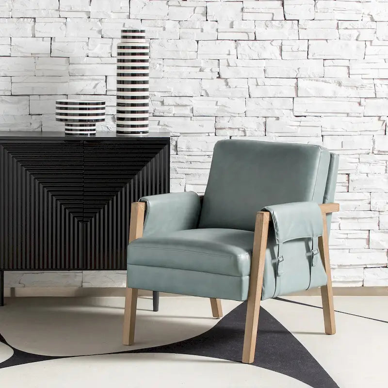 Farmhouse Faux Leather Accent Chair with Solid Wood Legs