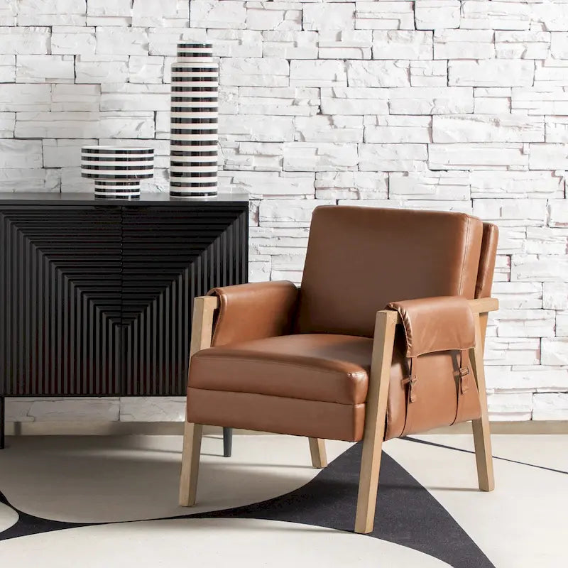 Farmhouse Faux Leather Accent Chair with Solid Wood Legs