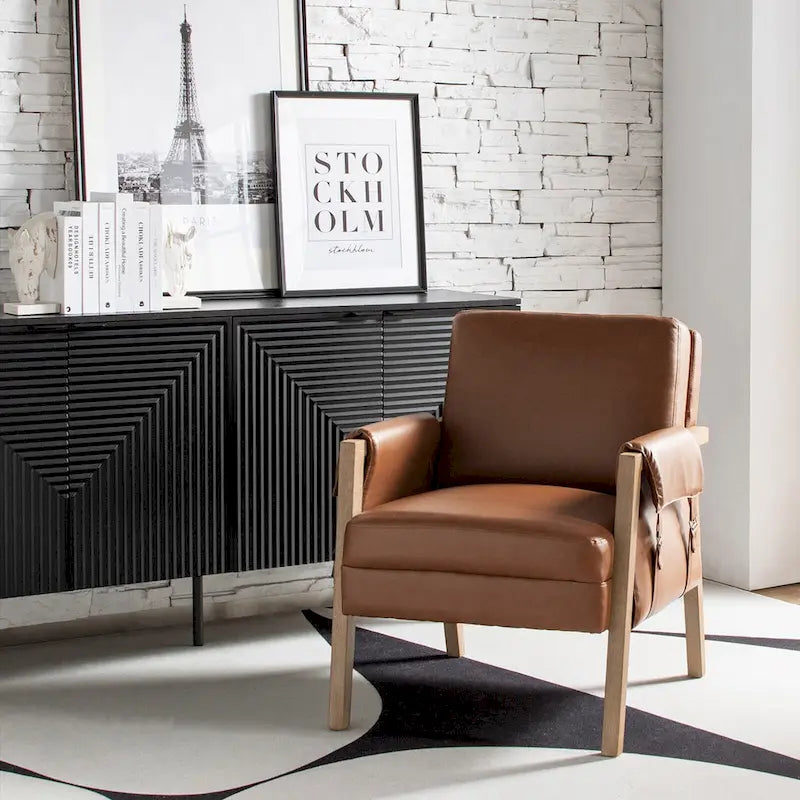 Farmhouse Faux Leather Accent Chair with Solid Wood Legs