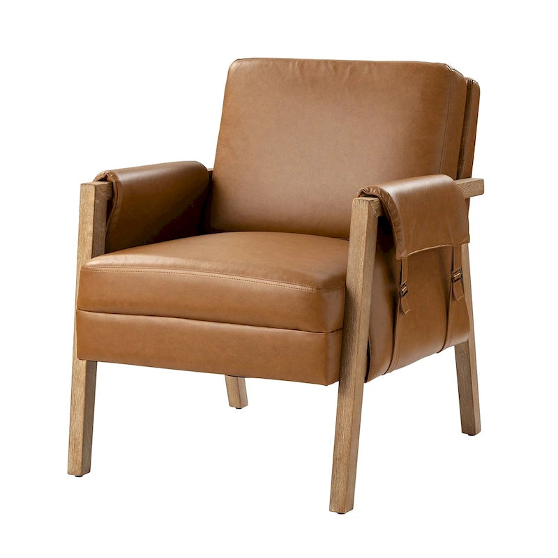 Farmhouse Faux Leather Accent Chair with Solid Wood Legs